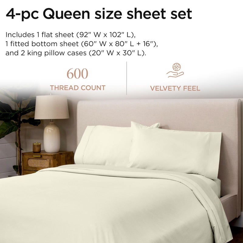 Threadmill 100% Cotton Sheets for Queen Size Bed - 600 Thread Count Queen Bed Sheets Set with 16â€ Deep Pocket - Sateen Weave 4-Piece Bedding Set with Cooling Effect, Ivory - Image 2